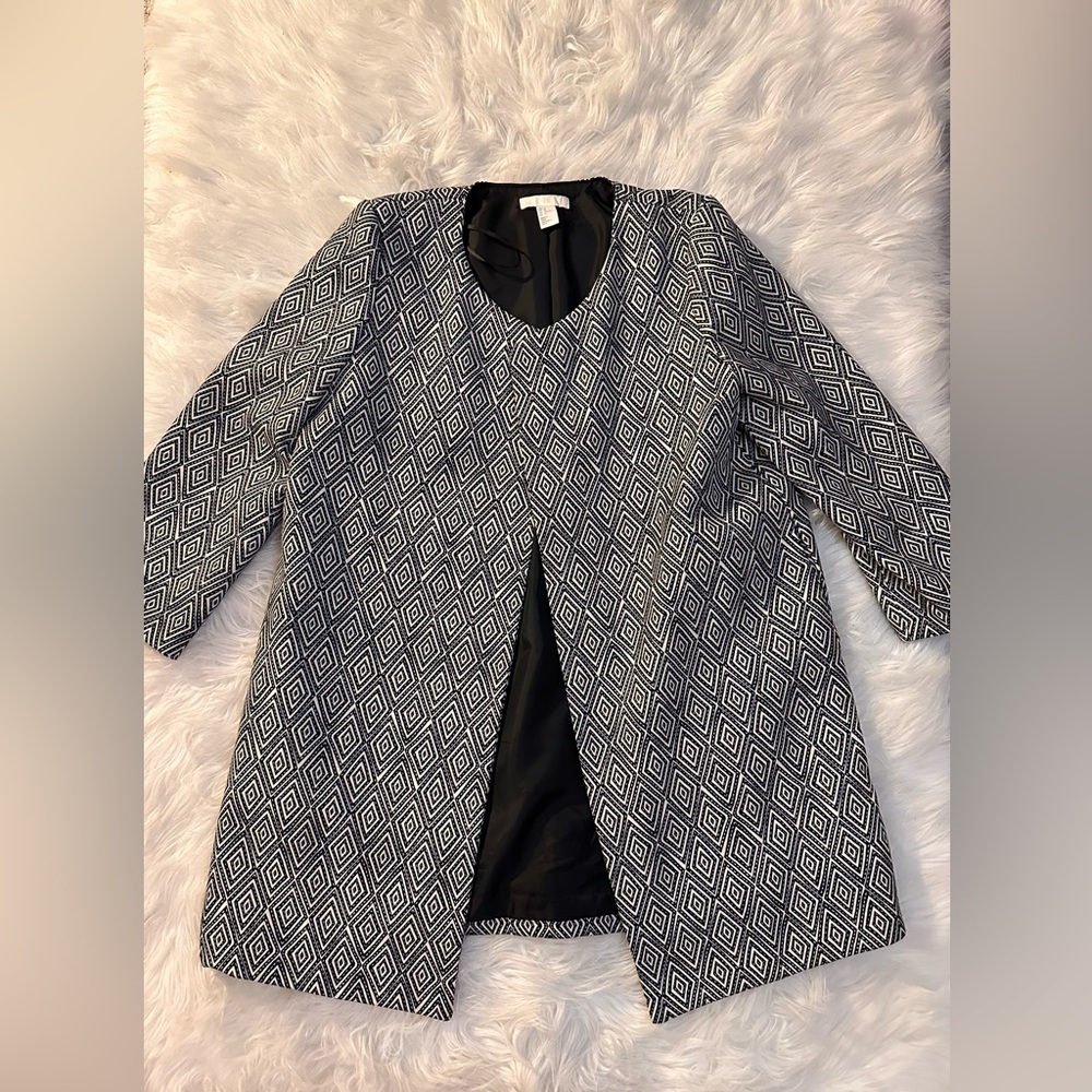H&M retro black and white open front coat size:10